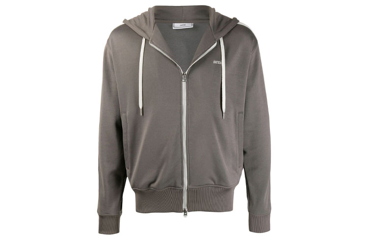 AMI PARIS Embroidered Zip-Up Hoodie Jacket Grey - A20HJ052744-061