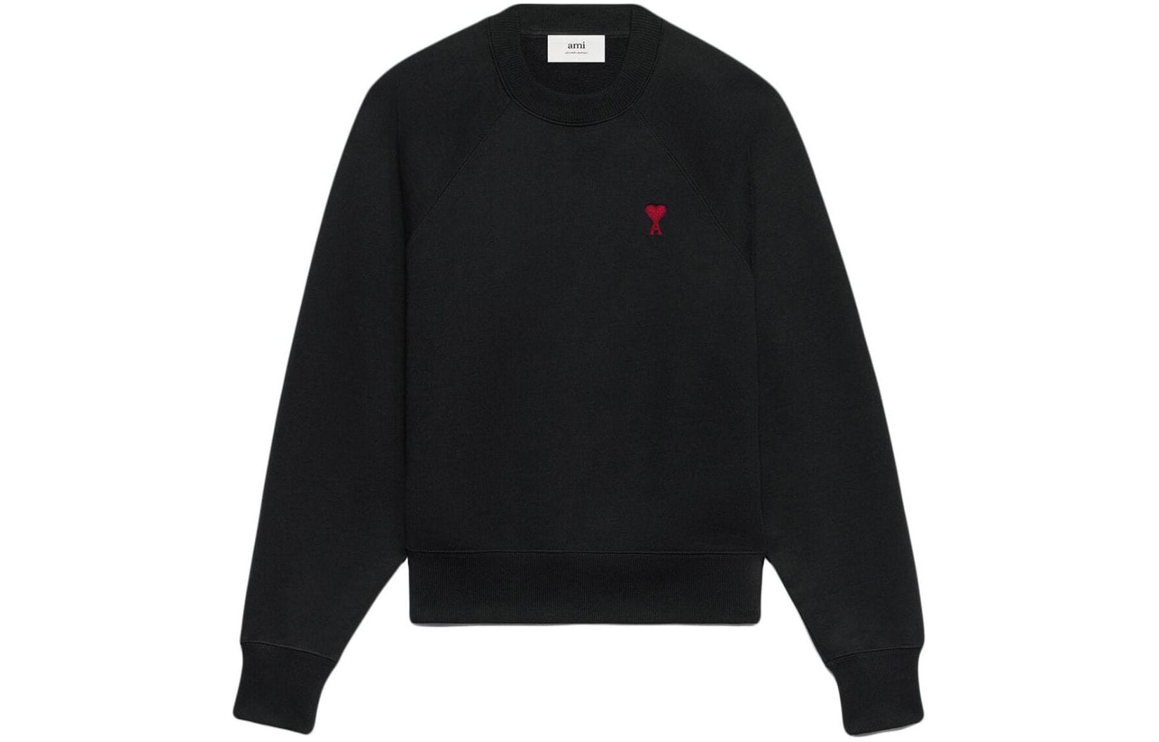 AMI PARIS Fall 23 Black Sweatshirt Red Heart Embroidery Unisex Crewneck Casual Cotton BFUSW005747-001
