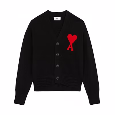 AMI Paris FW21 Black Heart Logo Embroidered V-Neck Sweater. A21HK303016-001