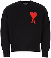 AMI Paris FW21 Black Crewneck Knit Sweater with Big Heart Logo for Men A21HK009016-001 AMI Paris FW21 Black Crewneck Knit Sweater with Big Heart Logo for Men A21HK009016-001