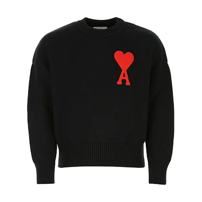 AMI Paris FW21 Black Crewneck Knit Sweater with Big Heart Logo for Men A21HK009016-001