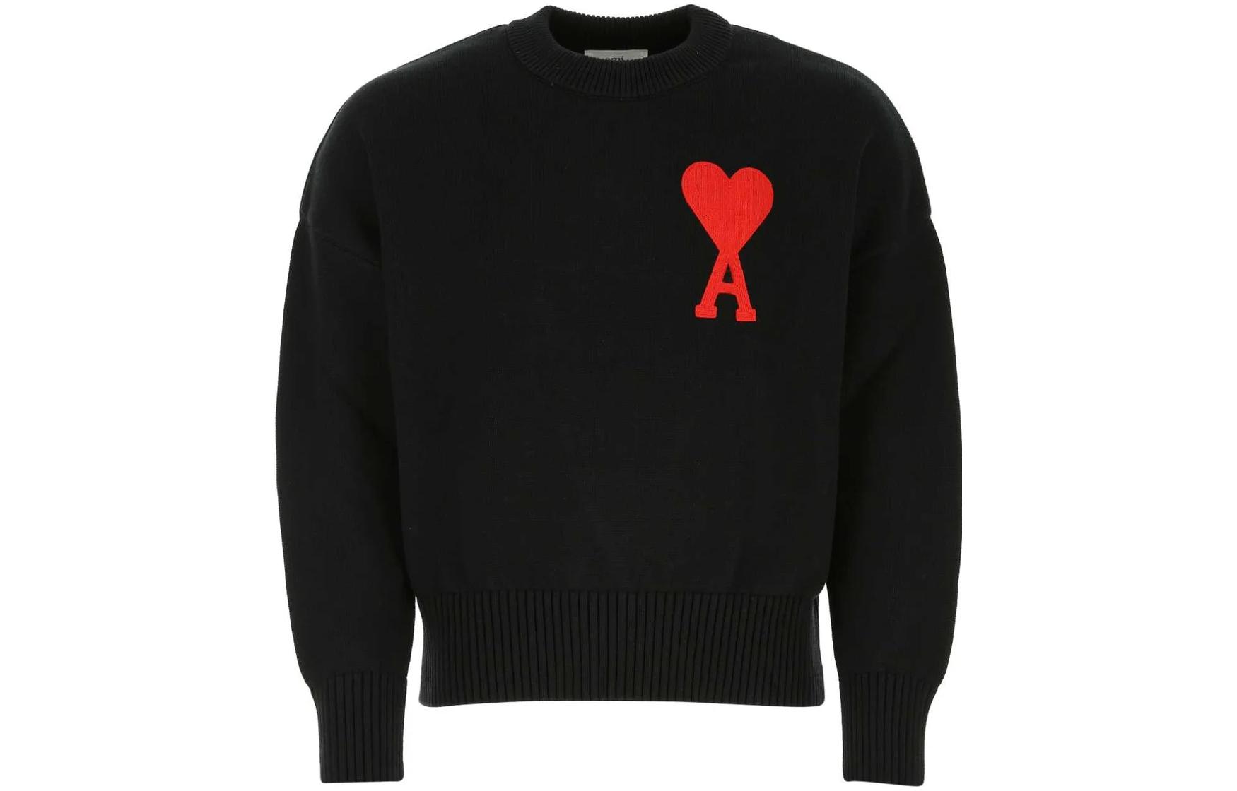 Order AMI Paris FW21 黑色男士大心形標誌圓領針織毛衣 A21HK009016-001