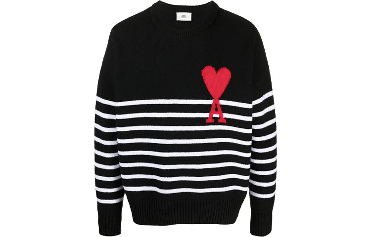 AMI Paris FW21 Black Wool Sweater with Red Heart Embroidered Logo for Men. H21K029018-004