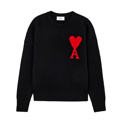 AMI Paris FW21 Black Wool Sweater with Red Heart Logo Unisex Crewneck. H21K009018-001