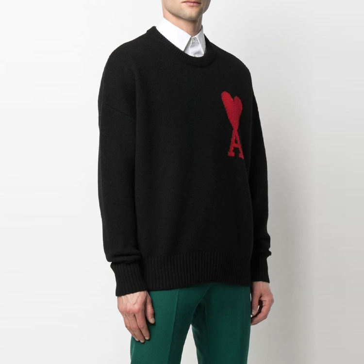 Details for AMI Paris FW21 黑色羊毛紅心標誌圓領男女款毛衣 H21K009018-001