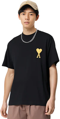 AMI Paris FW21 Capsule Golden Heart Logo Black Crewneck T-Shirt Mens. UTS017-701001 Details for AMI Paris FW21 Capsule Golden Heart Logo Black Crewneck T-Shirt Mens. UTS017-701001