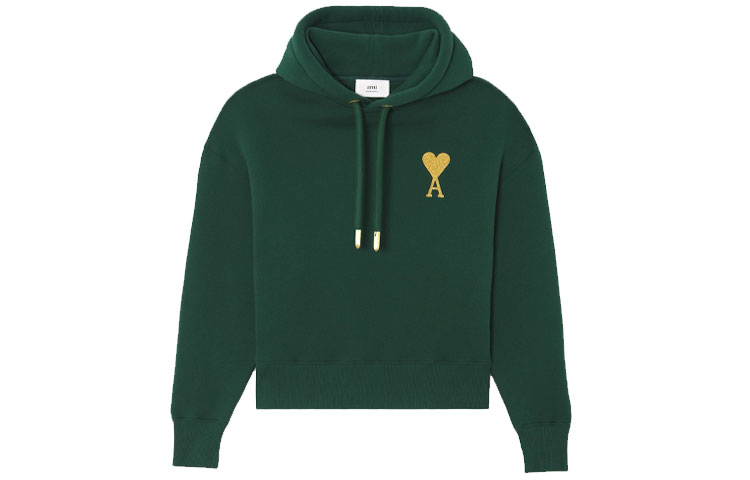AMI Paris FW21 Gold Heart Logo Drawstring Hoodie Green Menswear USW207-749300