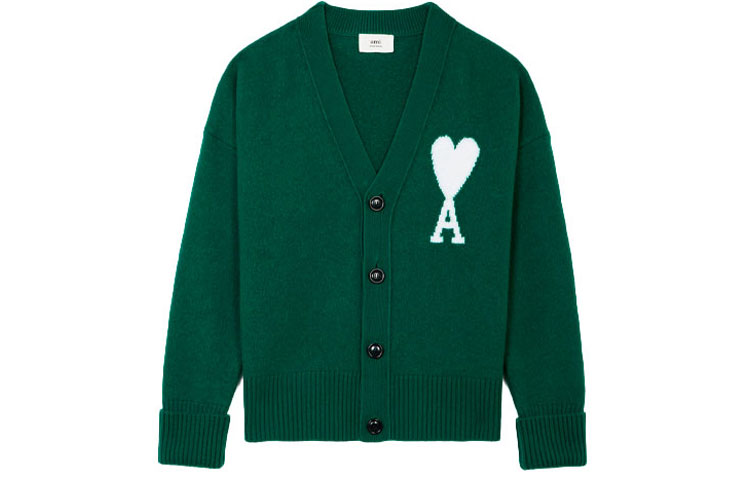 AMI Paris FW21 Green Big Heart Logo V-Neck Sweater Unisex H21K313018-300