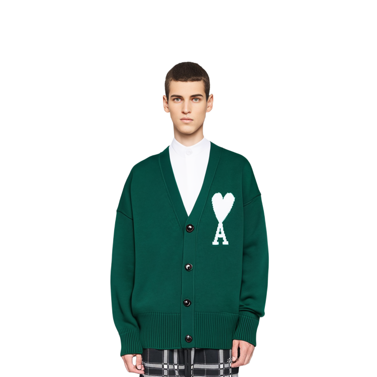 Details for AMI Paris FW21 綠色大心標誌V領毛衣 男女適用 H21K313018-300