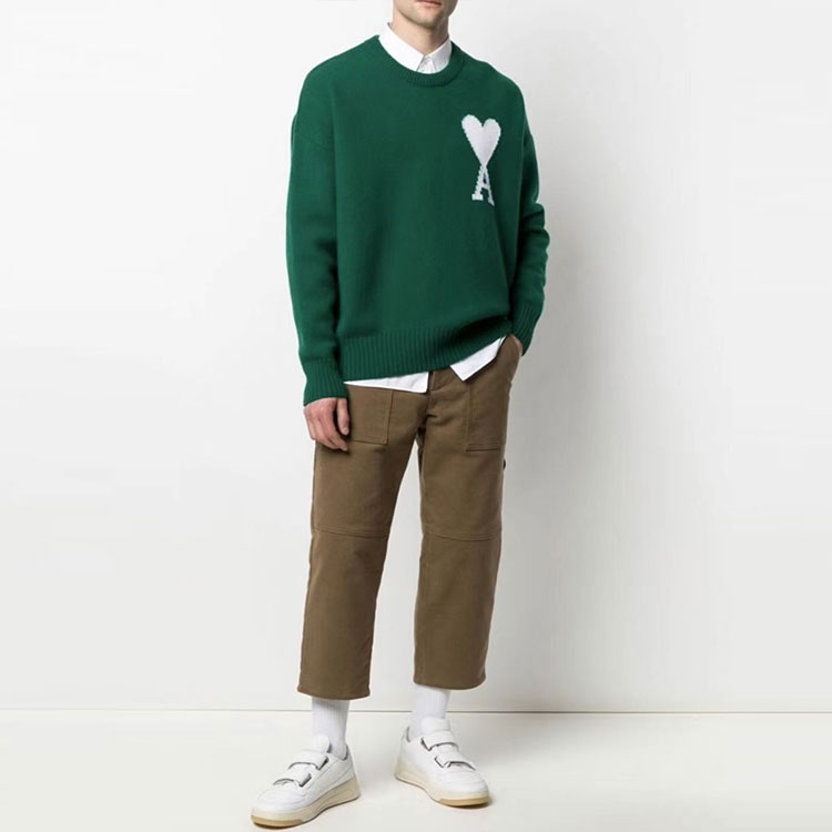 Shop AMI PARIS FW21 Sweater Uniseks Logo Hati Besar Hijau Bulu Halus H21K019018-300