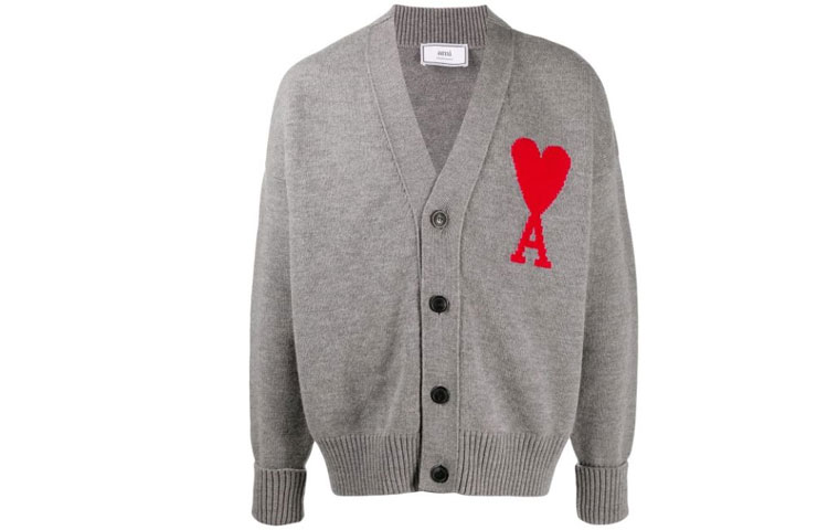 AMI Paris FW21 Grey Wool Oversized V-Neck Cardigan with Heart Logo for Men. H20HK303018 圖 2