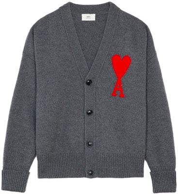 AMI PARIS FW21 灰色羊毛紅心標誌V領寬鬆開衫 男女款 H21K303018-055 Order AMI PARIS FW21 灰色羊毛紅心標誌V領寬鬆開衫 男女款 H21K303018-055