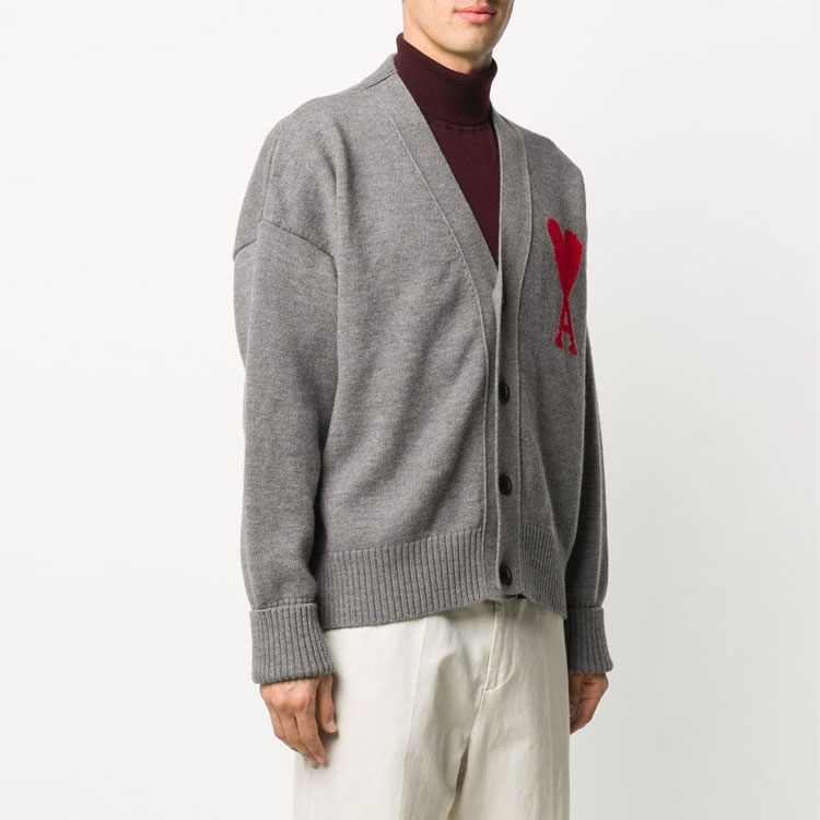 AMI Paris FW21 Grey Wool Oversized V-Neck Cardigan with Heart Logo for Men. H20HK303018 圖 4
