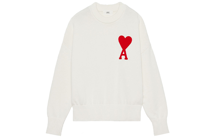 Buy AMI巴黎 FW21 心形红标羊毛圆领毛衣 男女款 白色 A21HK009016-100