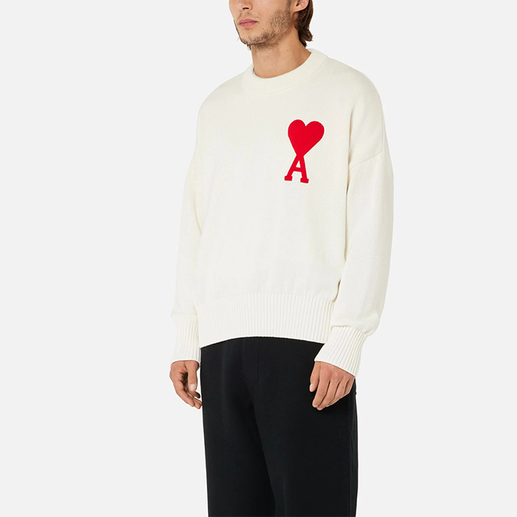 Purchase AMI巴黎 FW21 心形红标羊毛圆领毛衣 男女款 白色 A21HK009016-100
