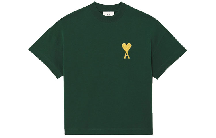 AMI PARIS FW21 Holiday Capsule Gold Heart Logo Crewneck Green T-Shirt Men. UTS017-701300