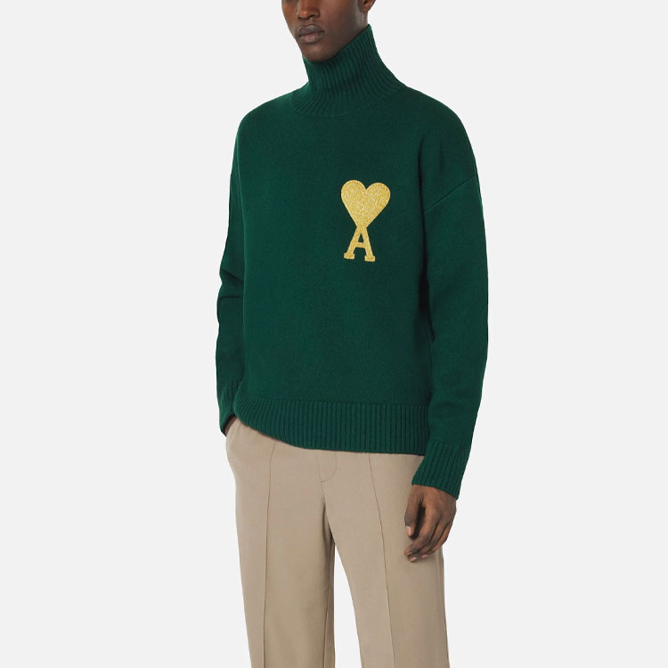 AMI Paris FW21 Holiday Capsule Gold Heart Logo Turtleneck Wool Sweater Green Mens UKS407-018300 圖 5