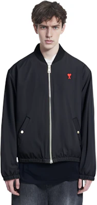 AMI PARIS FW21 Logo Embroidered Black Bomber Jacket Autumn Edition A21HOW023248-001 Details for AMI PARIS FW21 Logo Embroidered Black Bomber Jacket Autumn Edition A21HOW023248-001