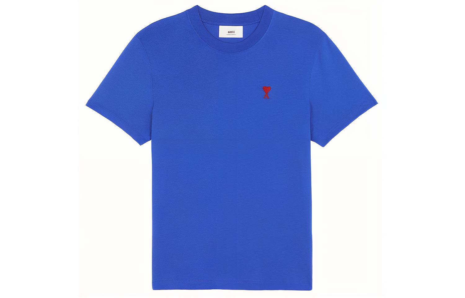 AMI Paris FW21 Logo Embroidered Relaxed Fit Crew Neck T-Shirt Light Blue Men. A21HJ108723-490