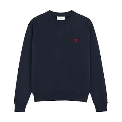 AMI Paris FW21 Organic Cotton Navy Blue Long Sleeve Sweatshirt with Heart Logo. A21HJ007730-410