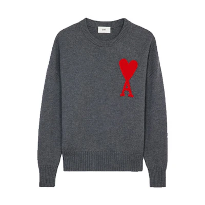 AMI Paris FW21 Oversized Red Heart Logo Wool Crewneck Knit Sweater Grey . H21K009-018055