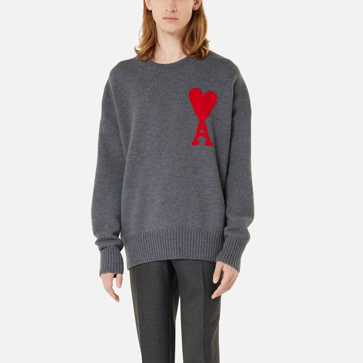 AMI Paris FW21 Oversized Red Heart Logo Wool Crewneck Knit Sweater Grey . H21K009-018055 圖 4