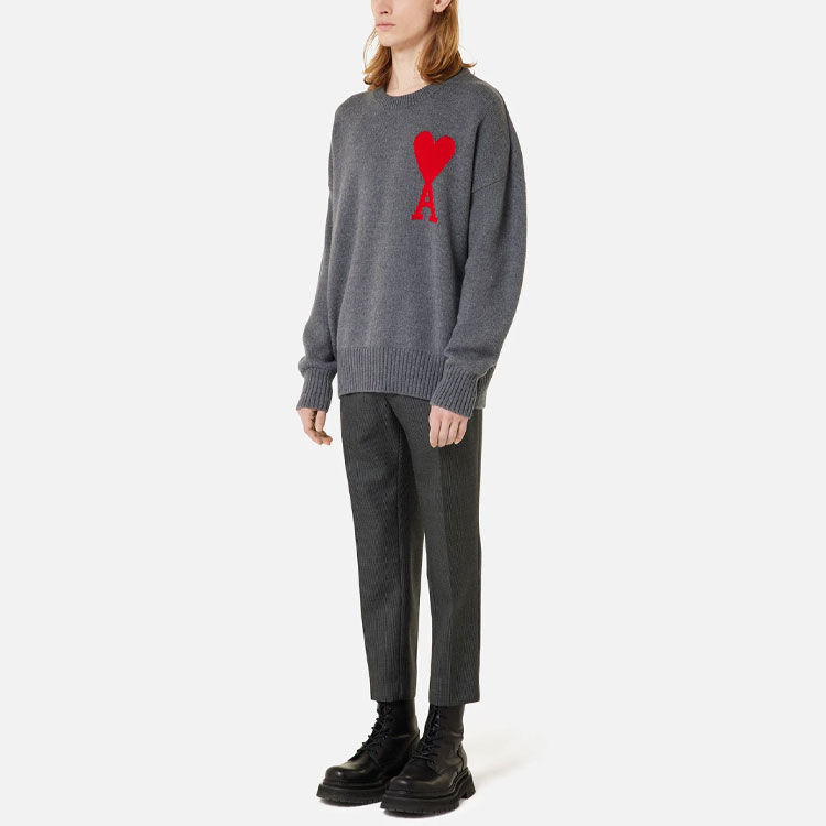 AMI Paris FW21 Oversized Red Heart Logo Wool Crewneck Knit Sweater Grey . H21K009-018055 圖 6