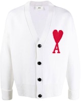 AMI PARIS FW21 Oversized Red Heart Logo Wool V-Neck Knit Cardigan White Mens H21K303018-100 AMI PARIS FW21 Oversized Red Heart Logo Wool V-Neck Knit Cardigan White Mens H21K303018-100