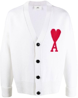 AMI PARIS FW21 紅色心形標誌V領羊毛寬鬆針織開衫 白色 男款 H21K303018-100 Buy AMI PARIS FW21 紅色心形標誌V領羊毛寬鬆針織開衫 白色 男款 H21K303018-100
