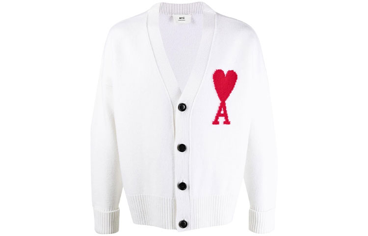 Order AMI PARIS FW21 紅色心形標誌V領羊毛寬鬆針織開衫 白色 男款 H21K303018-100