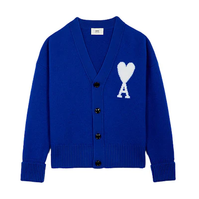 AMI Paris FW21 Oversized V-Neck Wool Cardigan with Heart Logo - Blue H21K313-018490