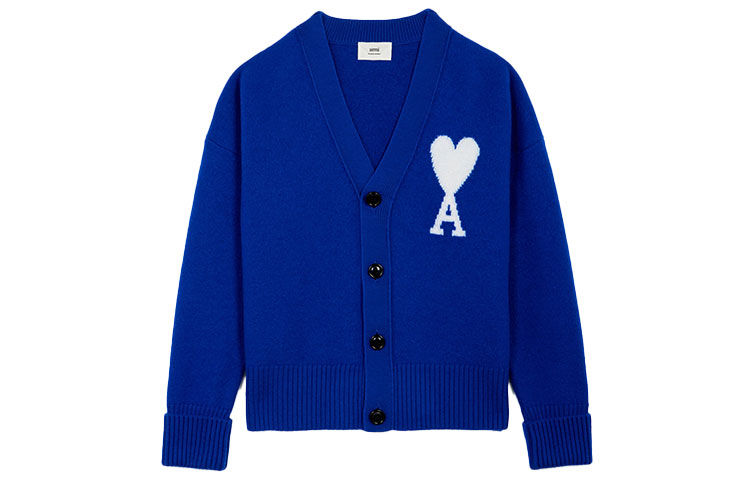 Order AMI Paris FW21 寬鬆V領羊毛心形標誌針織衫 - 藍色 H21K313-018490