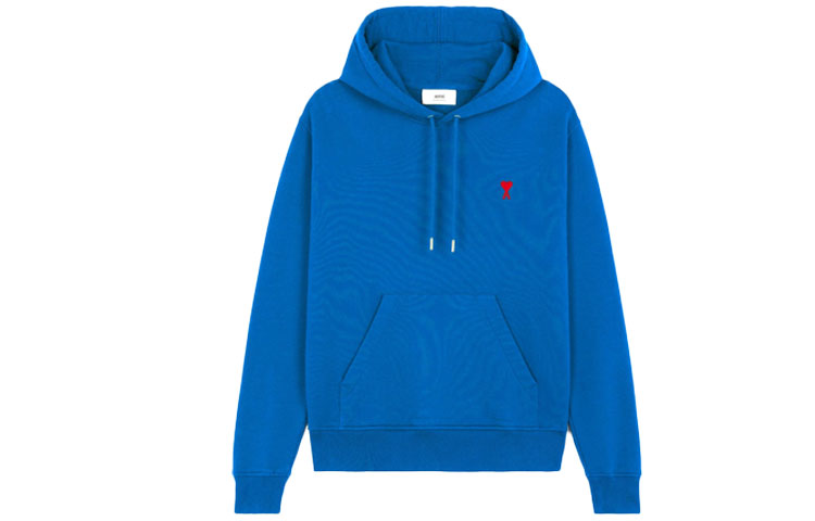 AMI PARIS FW21 Paris Logo Embroidered Drawstring Hoodie Blue Unisex Couple Wear A21HJ008730-490
