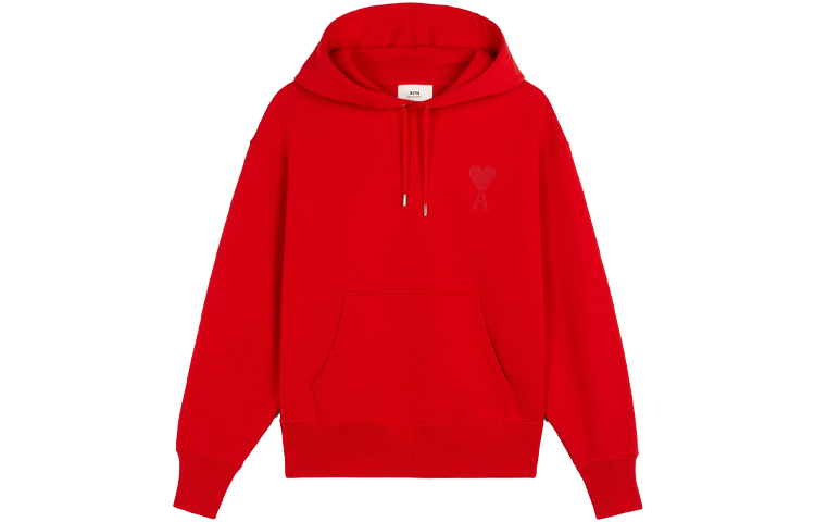 AMI PARIS FW21 Red Heart Logo Organic Cotton Loose Pullover Hoodie Men Red A21HJ058747-600