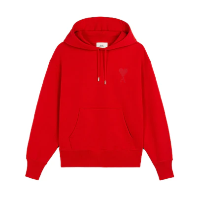 AMI PARIS FW21 Red Heart Logo Organic Cotton Loose Pullover Hoodie Men Red A21HJ058747-600