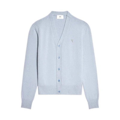 AMI Paris FW22 Light Blue V-Neck Pure Cashmere Sweater with Heart Logo HKC007.00543