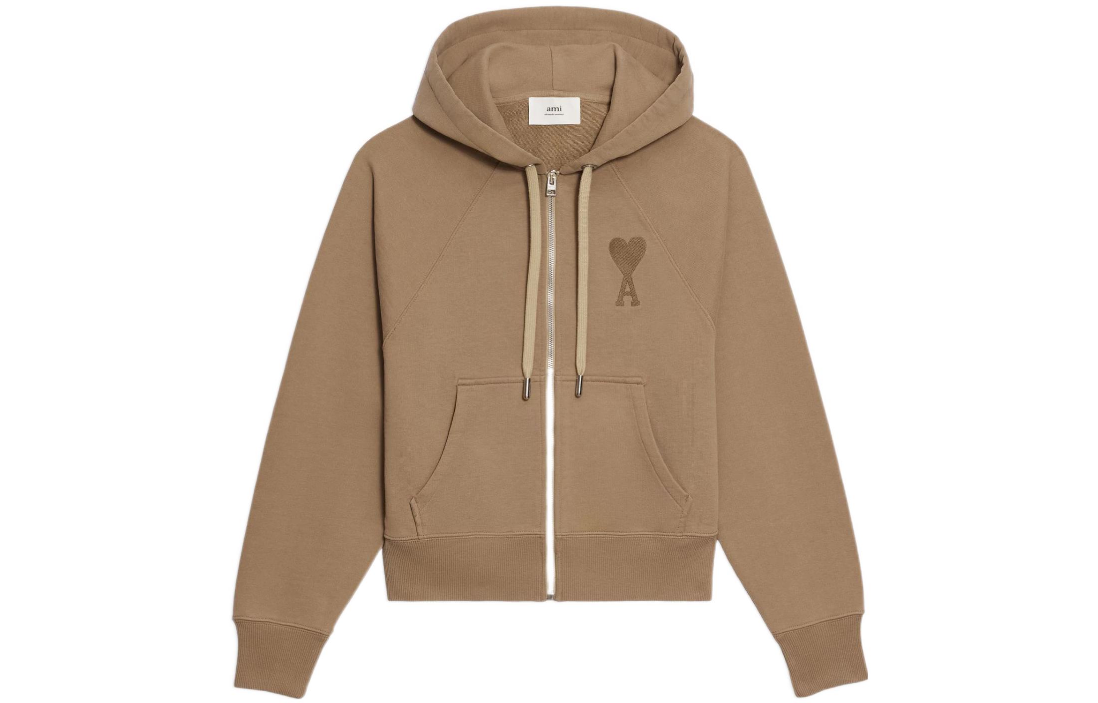 AMI PARIS FW22  Logo Embroidered Zip Sweatshirt Khaki. USW402.747267