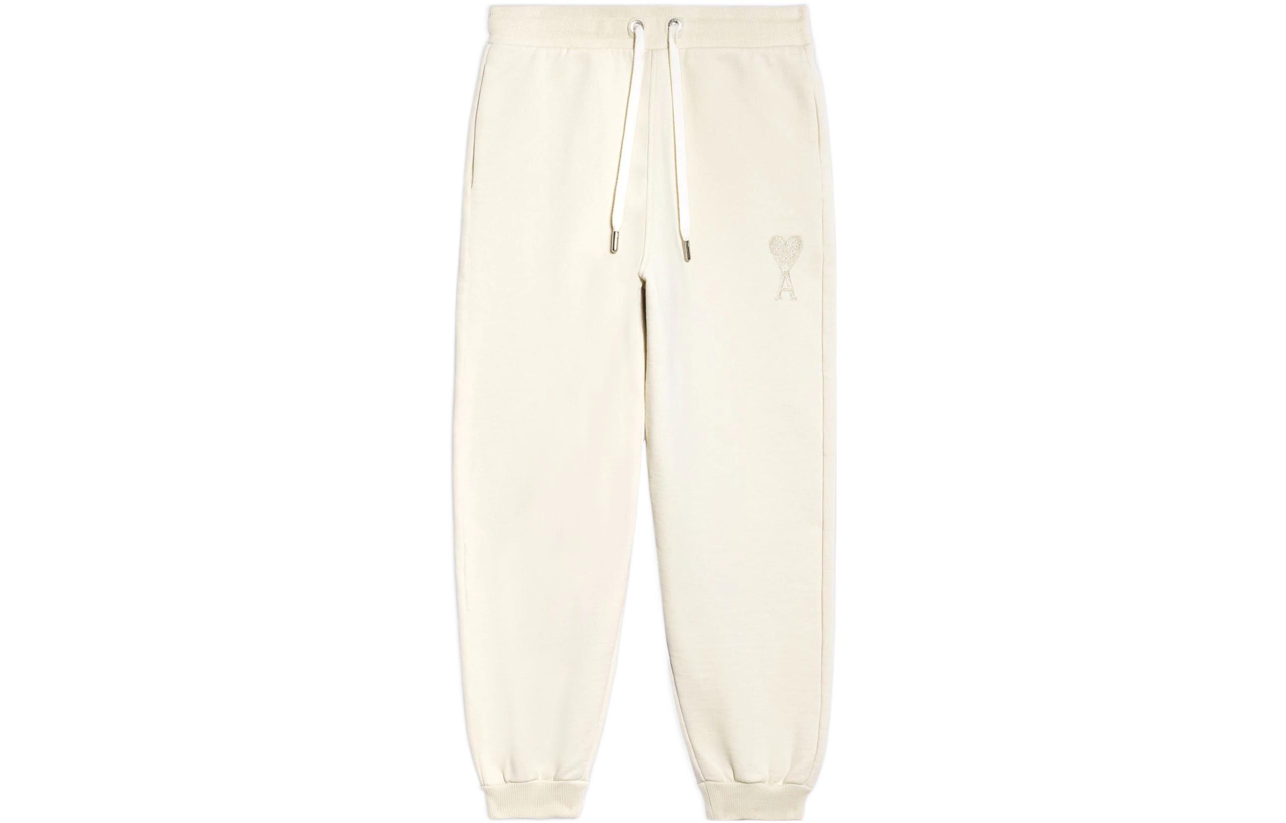 AMI Paris FW22 Beige Logo Embroidery Drawstring Sweatpants Unisex Couples Casual. UTR202747-150