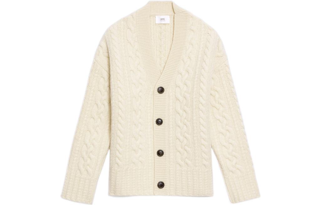 AMI Paris FW22 Beige V-Neck Knitted Cardigan Unisex Solid Color UKC151017-150