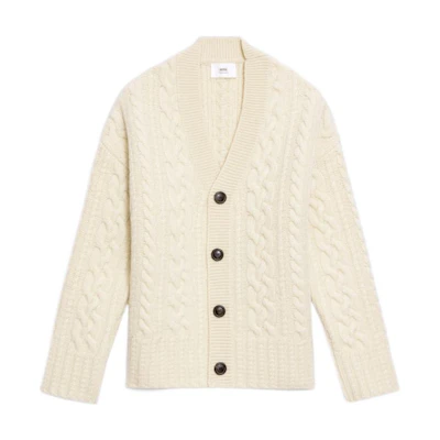 AMI Paris FW22 Beige V-Neck Knitted Cardigan Unisex Solid Color UKC151017-150