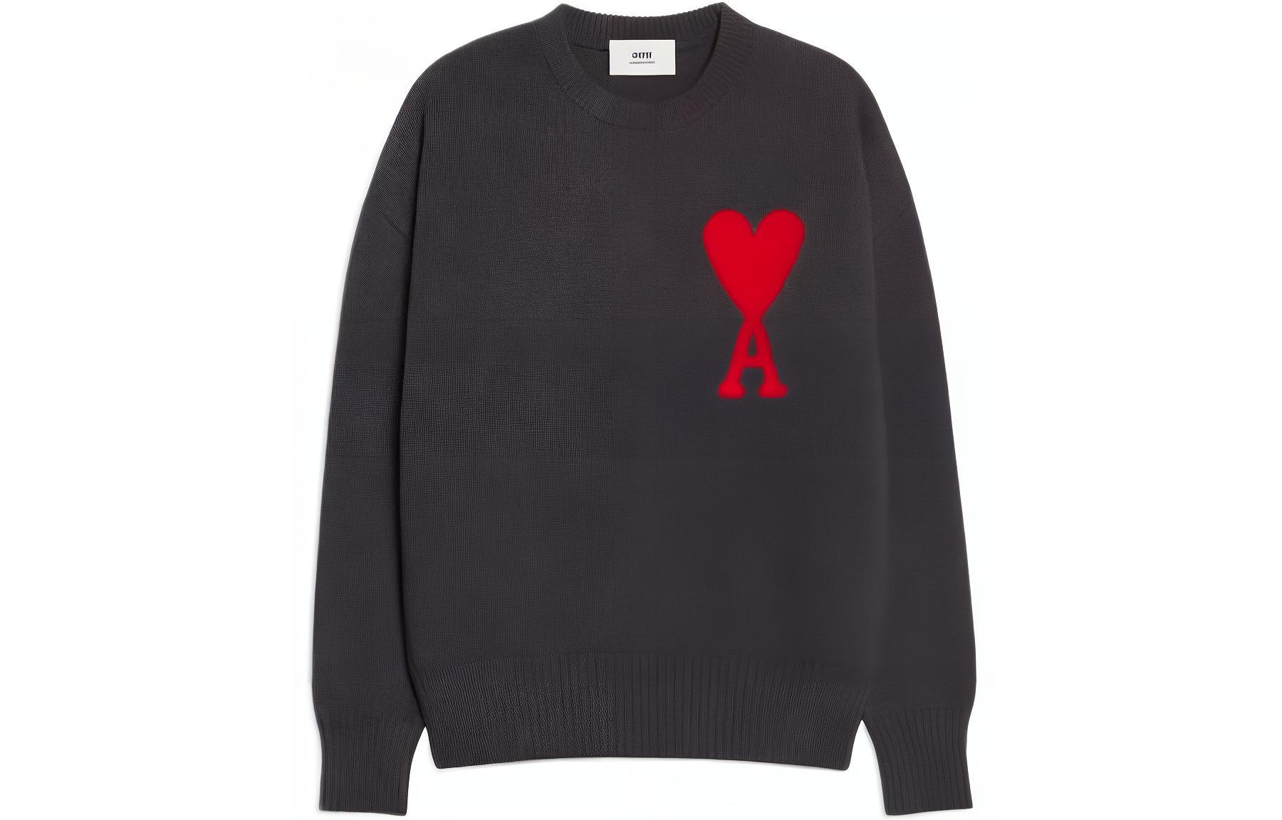 AMI Paris FW22 Big Heart Logo Wool Crewneck Sweater Unisex Dark Grey. UKS002-018067