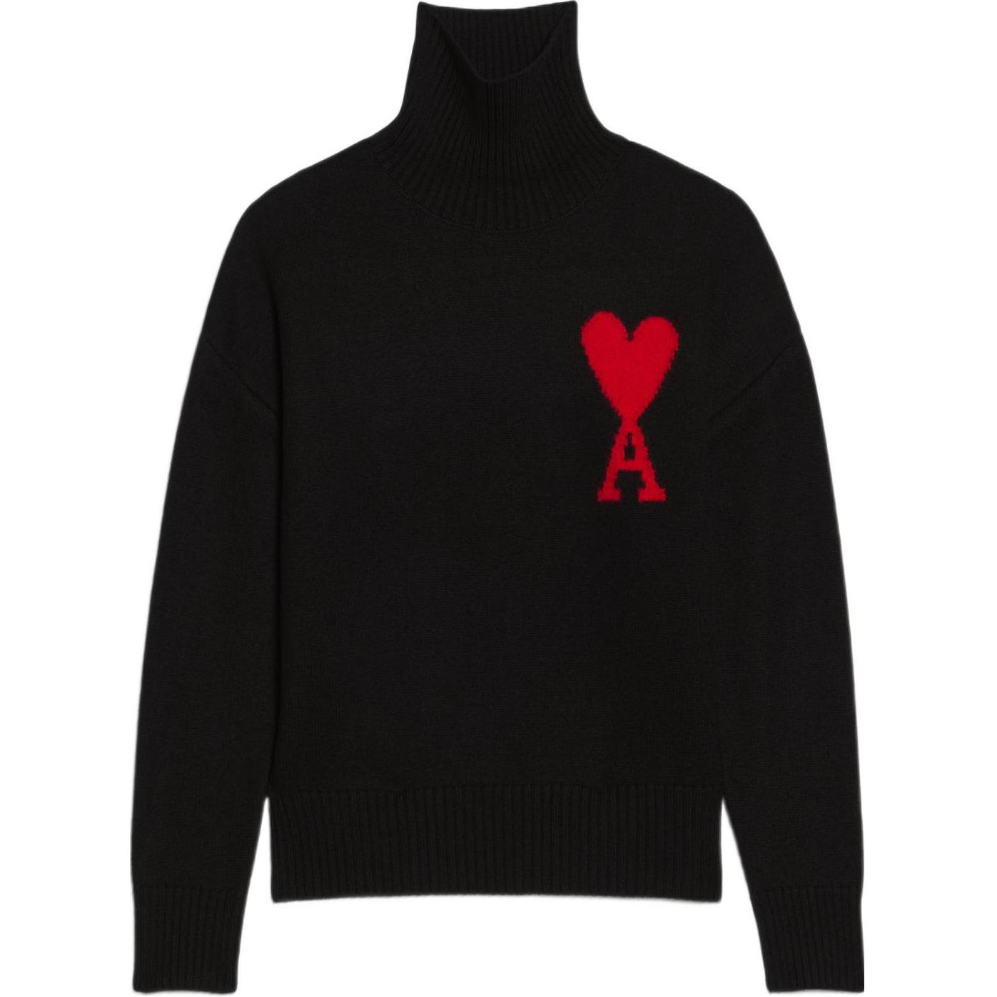 AMI Paris FW22 Black Knit Pullover Sweater with Red Heart Jacquard Design Unisex. BFUKS402018-009