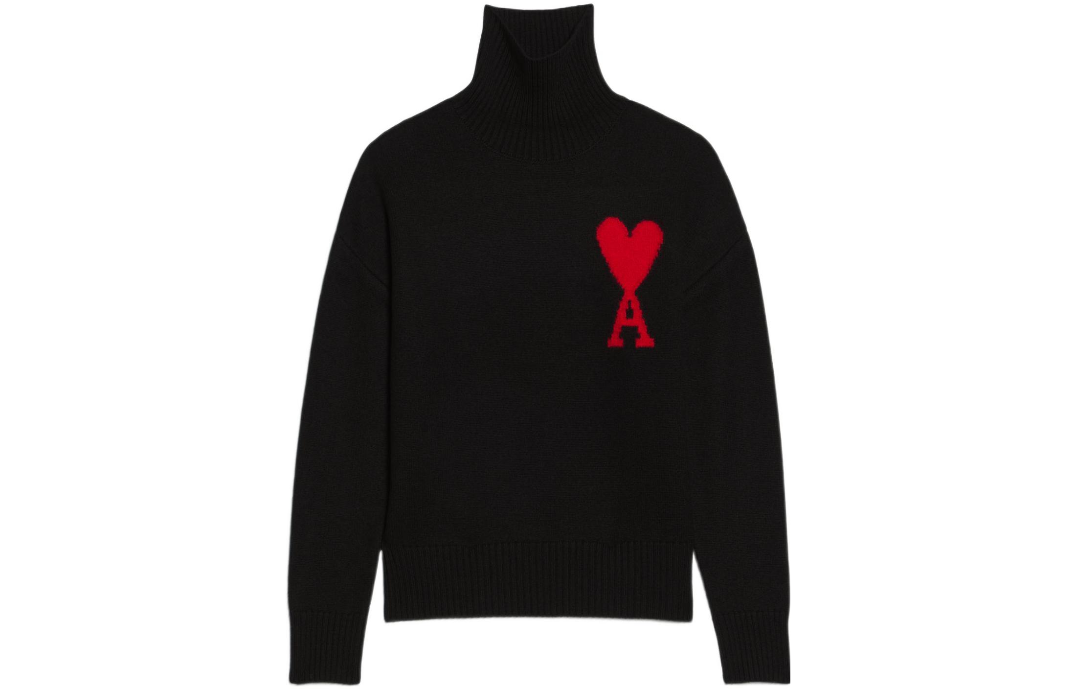 Order AMI Paris FW22 Baju Knit Hitam dengan Rekaan Red Heart Jacquard Uniseks. BFUKS402018-009