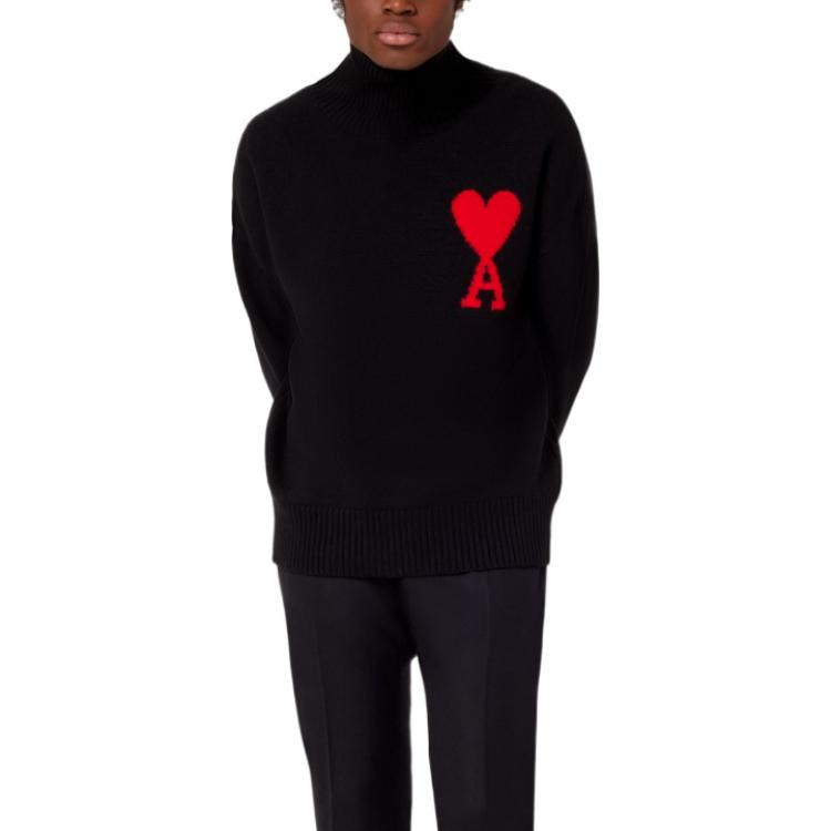 Shop AMI Paris FW22 Baju Knit Hitam dengan Rekaan Red Heart Jacquard Uniseks. BFUKS402018-009