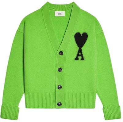 AMI PARIS FW22 綠色愛心Logo羊毛V領寬鬆針織開衫男女毛衣 UKC002-018324 Order AMI PARIS FW22 綠色愛心Logo羊毛V領寬鬆針織開衫男女毛衣 UKC002-018324