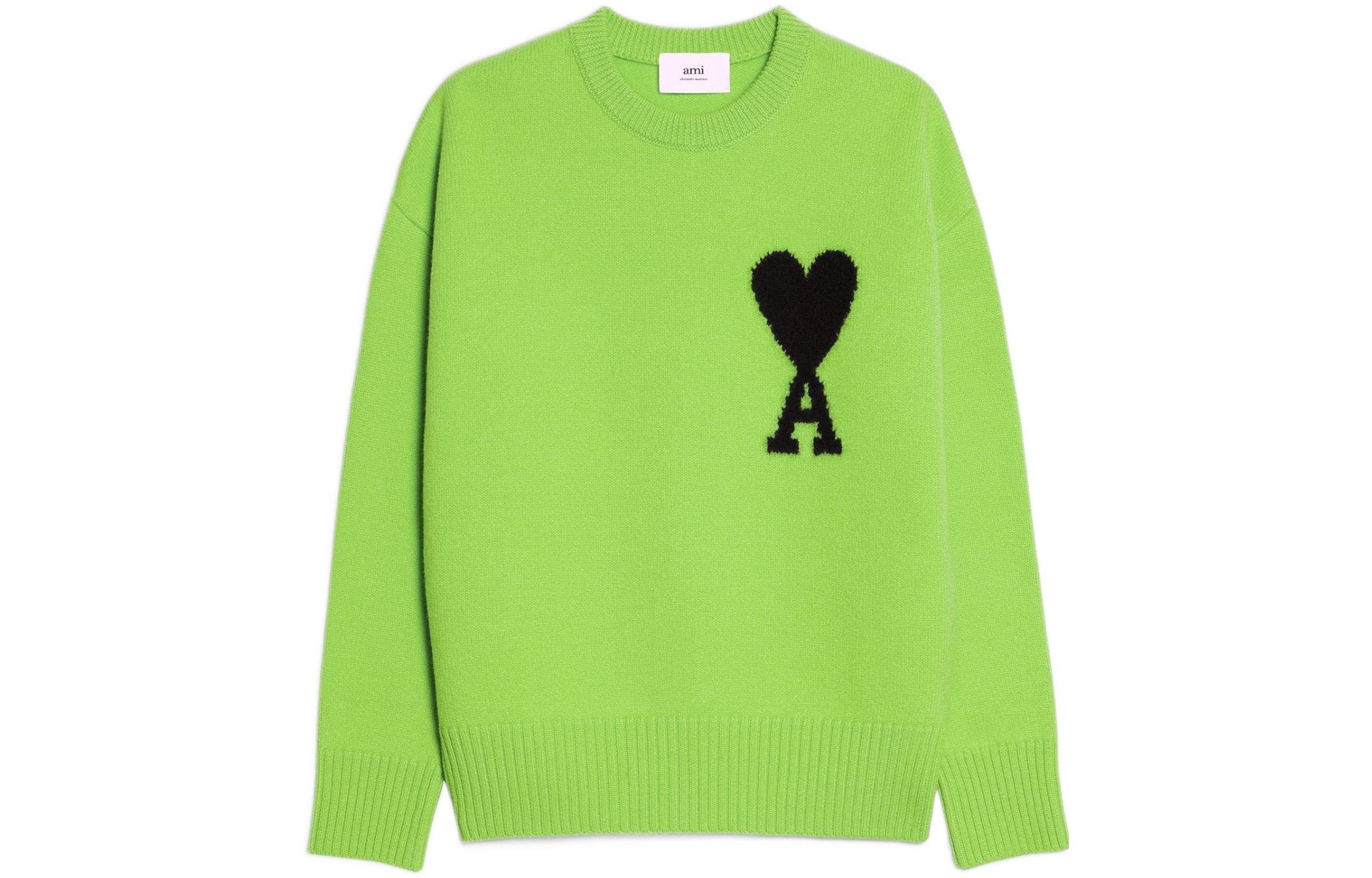 AMI Paris FW22 Green Wool Logo Sweater Unisex Crewneck Heart Design UKS002018-324