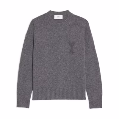 AMI PARIS FW22 Grey Crewneck Sweater with Heart Logo Print for Men UKS040025-055