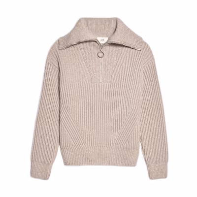 AMI PARIS FW22 Half-Zip Pullover Sweater Oatmeal Unisex Long Sleeve HKS600027-250
