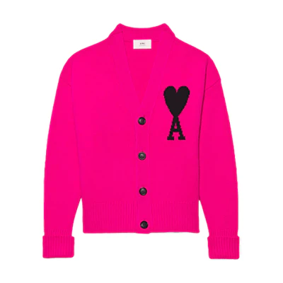 AMI Paris FW22 Heart Logo Wool V-Neck Cardigan Sweater Unisex Dragon Fruit Color UKC002018-629