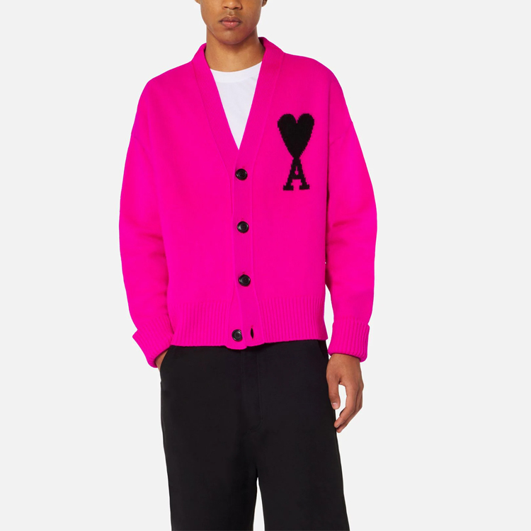 Shop AMI Paris FW22 愛心Logo羊毛V領開衫毛衣 男女款 龍果色 UKC002018-629